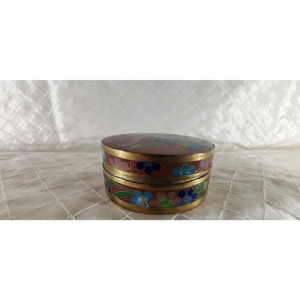 Vintage Chinese Cloisonne Enamel Brass Round Trinket Jewelry Box Floral 3